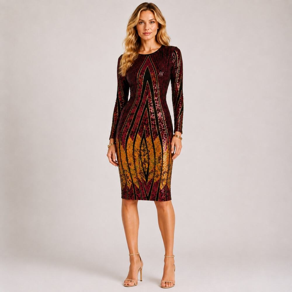 Sequined Dress Women's L Sheer Mid Length Long Sleeve Bodycon Multicolor EUC